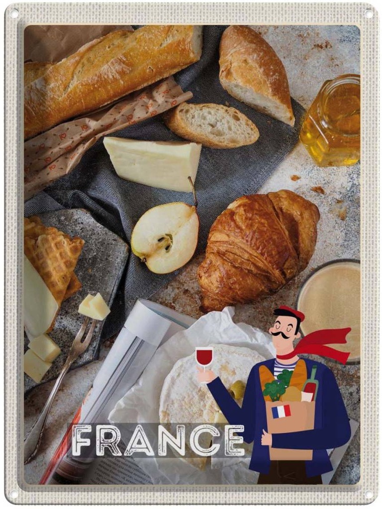 Blechschild 40x30 cm Frankreich Camembert Croissant Birne Bildmotiv Reisemotiv Abenteuer Reisen Europa Urlaub
