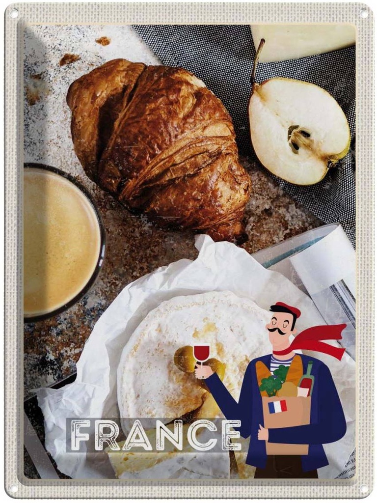 Blechschild 40x30 cm Frankreich Kaffee Croissant Birne Bildmotiv Reisemotiv Abenteuer Reisen Europa Urlaub