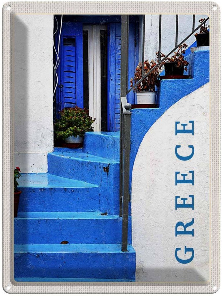 Blechschild 40x30 cm Greece Griechenland blaue Treppen Bildmotiv Reisemotiv Abenteuer Reisen Europa Urlaub