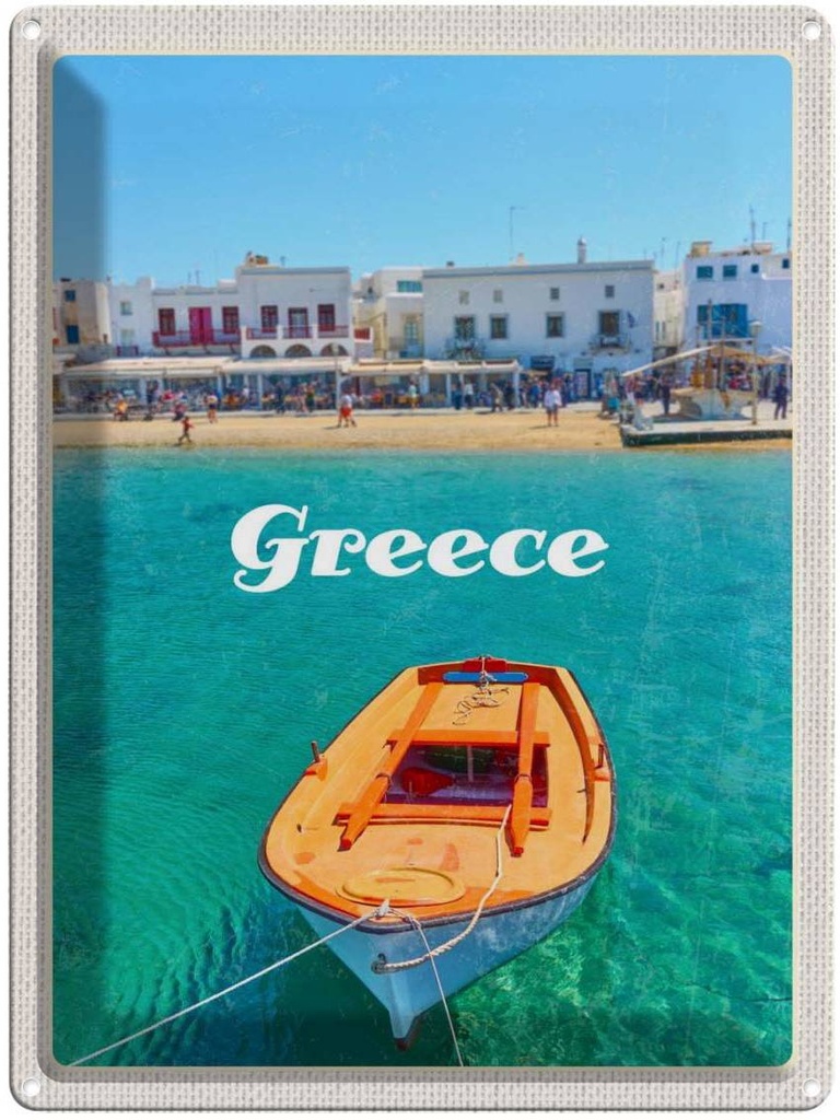 Blechschild 40x30 cm Greece Griechenland Urlaub Meer Boot Strand Bildmotiv Reisemotiv Abenteuer Reisen Europa