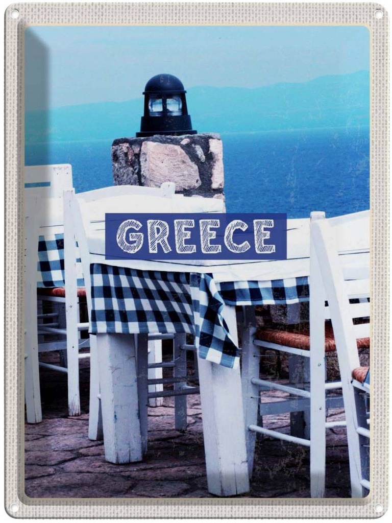 Blechschild 40x30 cm Greece Griechenland Restaurant Meer Bildmotiv Reisemotiv Abenteuer Reisen Europa Urlaub