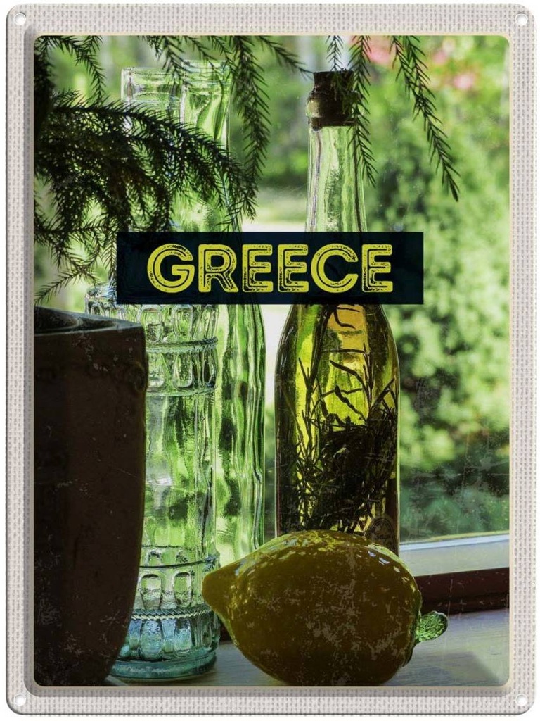Blechschild 40x30 cm Greece Griechenland Flaschen Bildmotiv Reisemotiv Abenteuer Reisen Europa Urlaub