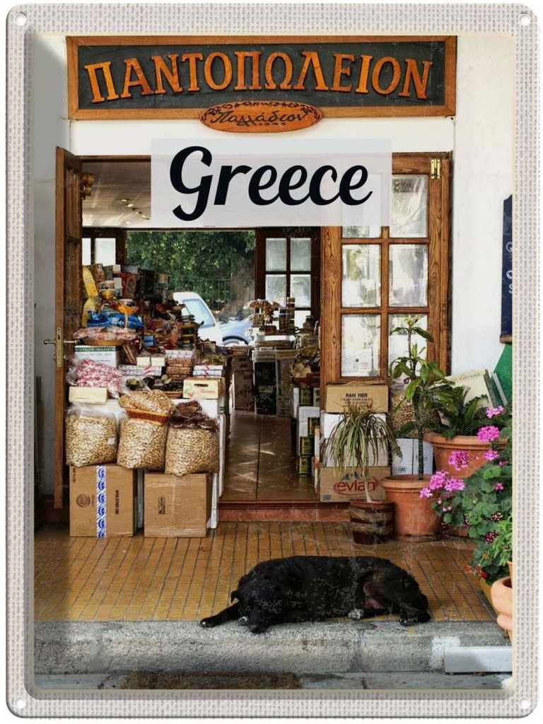 Blechschild 40x30 cm Greece Griechenland Hund Lebensmittel Bildmotiv Reisemotiv Abenteuer Reisen Europa Urlaub