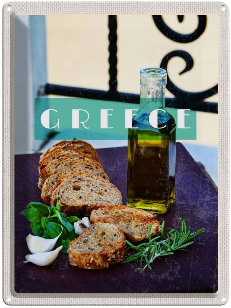 Blechschild 40x30 cm Greece Griechenland Urlaub Öl Knoblauch Brot Bildmotiv Reisemotiv Abenteuer Reisen Europa