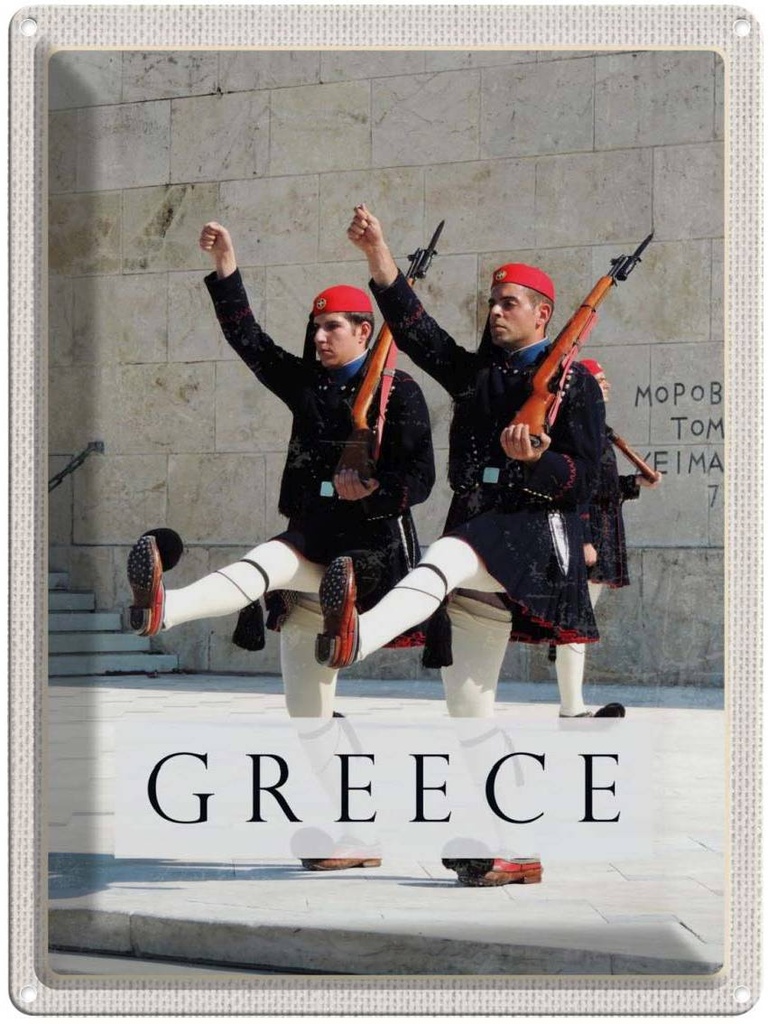 Blechschild 40x30 cm Greece Griechenland Urlaub Soldaten Waffe Hut Bildmotiv Reisemotiv Abenteuer Reisen Europa