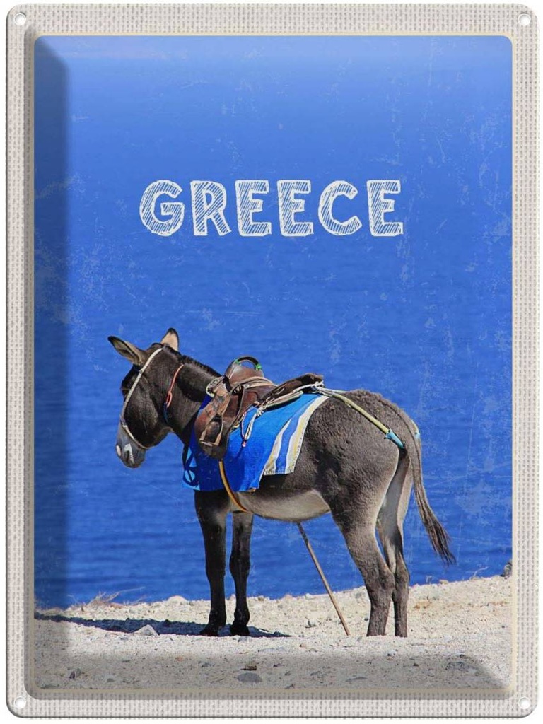 Blechschild 40x30 cm Greece Griechenland Urlaub Esel Blick Meer Bildmotiv Reisemotiv Abenteuer Reisen Europa
