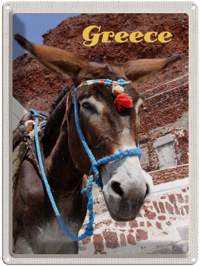 Blechschild 40x30 cm Greece Griechenland Urlaub Esel auf Gebirge Bildmotiv Reisemotiv Abenteuer Reisen Europa