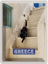 Blechschild 40x30 cm Greece Griechenland Urlaub weiße Treppe Katze Bildmotiv Reisemotiv Abenteuer Reisen Europa