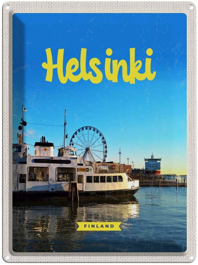 Blechschild 40x30 cm Helsinki Finnland Schiff Riesenrad Bildmotiv Reisemotiv Abenteuer Reisen Europa Urlaub
