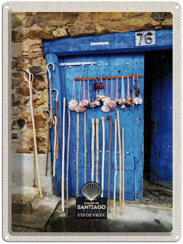 Blechschild 40x30 cm Spanien Muscheln Urlaub blaue Tür Gehstock Bildmotiv Reisemotiv Abenteuer Reisen Europa