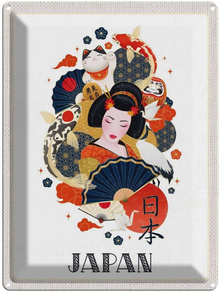 Blechschild 40x30 cm Japan Frau Urlaub Katze Fisch Kunst Kultur Bildmotiv Reisemotiv Abenteuer Reisen