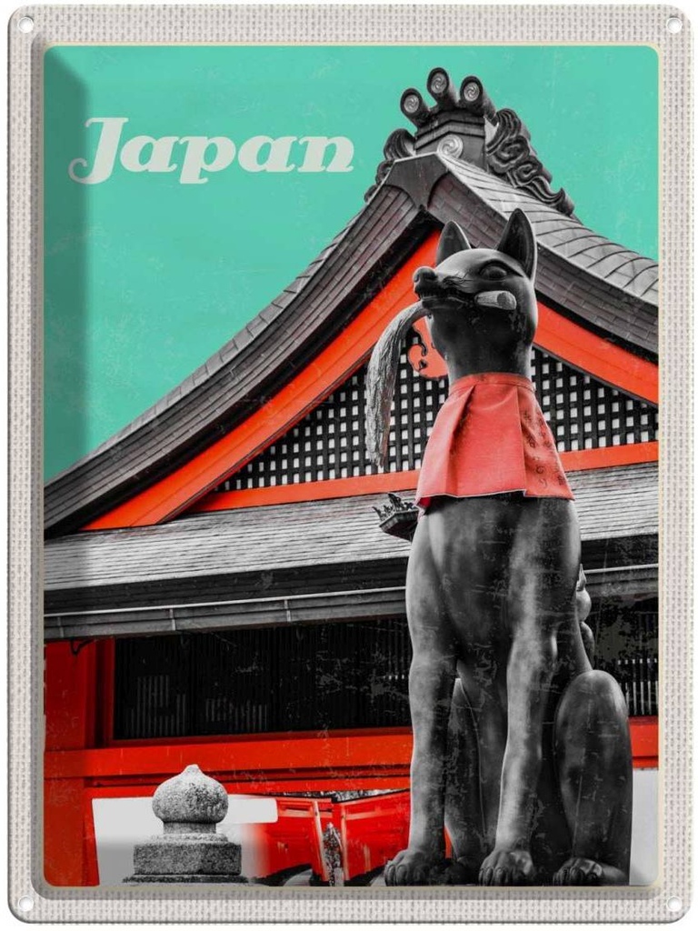 Blechschild 40x30 cm Japan Miyajima Tempel Kitsune Statue Bildmotiv Reisemotiv Abenteuer Reisen Urlaub