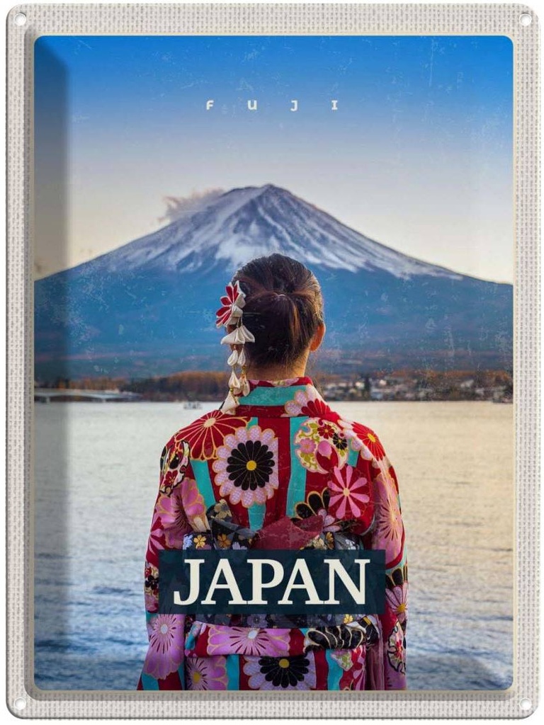 Blechschild 40x30 cm Japan Frau Gebirge Kleidung Schnee Bildmotiv Reisemotiv Abenteuer Reisen Urlaub