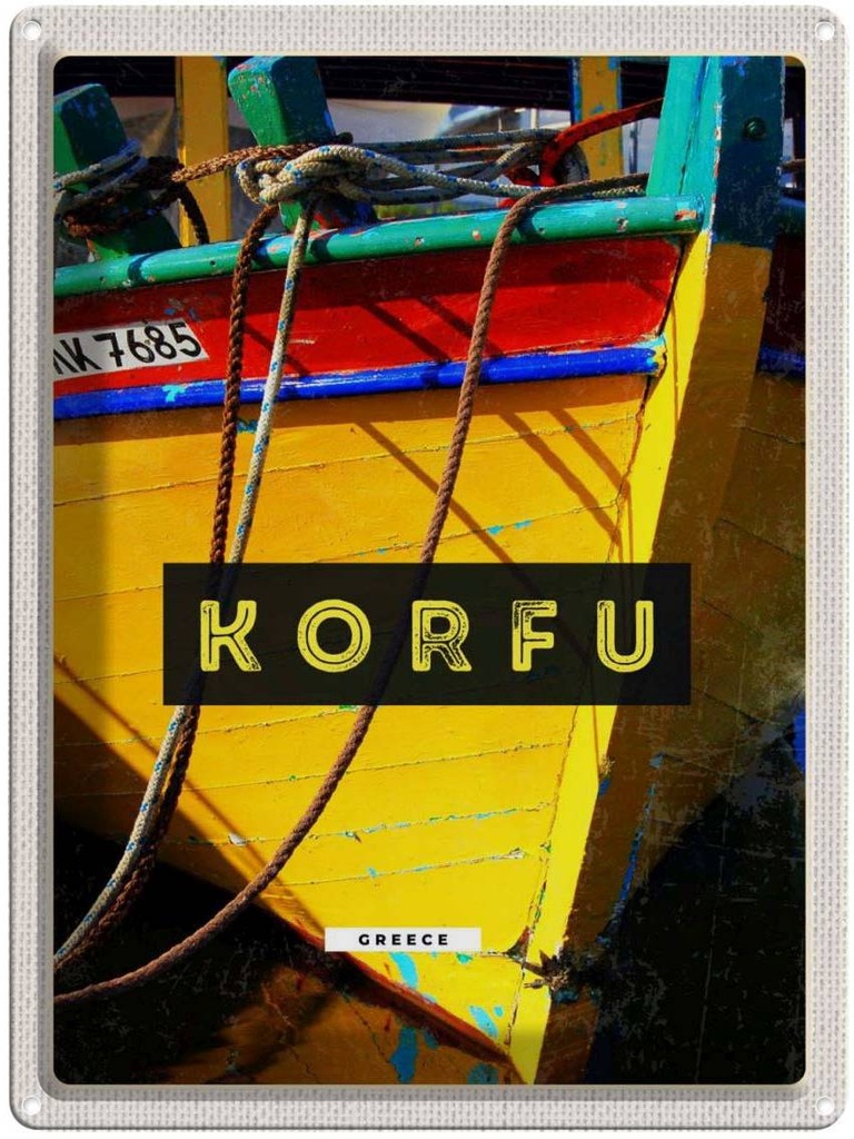 Blechschild 40x30 cm Korfu Griechenland Urlaub Boot Meer Bildmotiv Reisemotiv Abenteuer Reisen Straße Stadt