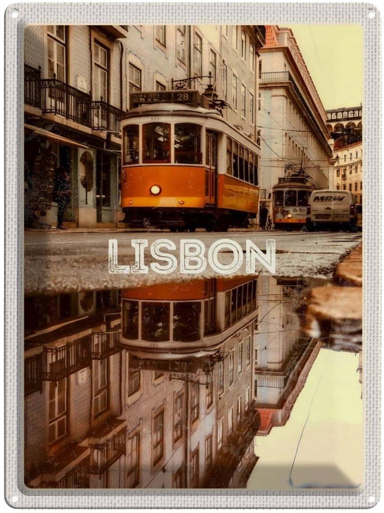 Blechschild 40x30 cm Lisabon Europa Straßenbahn Stadt Bildmotiv Reisemotiv Abenteuer Reisen Urlaub