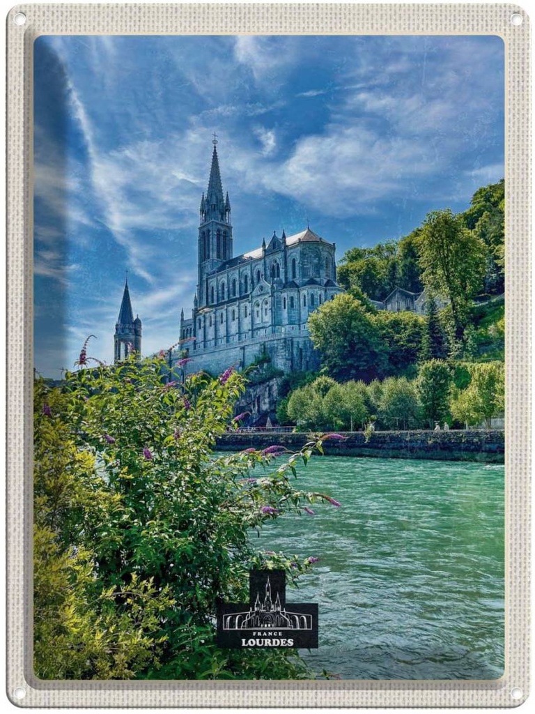 Blechschild 40x30 cm Frankreich Lourdes Urlaub Meer Kirche Natur Bildmotiv Reisemotiv Abenteuer Reisen Europa