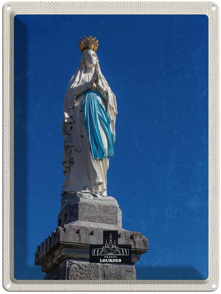 Blechschild 40x30 cm Frankreich Lourdes Urlaub Skulptur weiß gold Bildmotiv Reisemotiv Abenteuer Reisen Europa