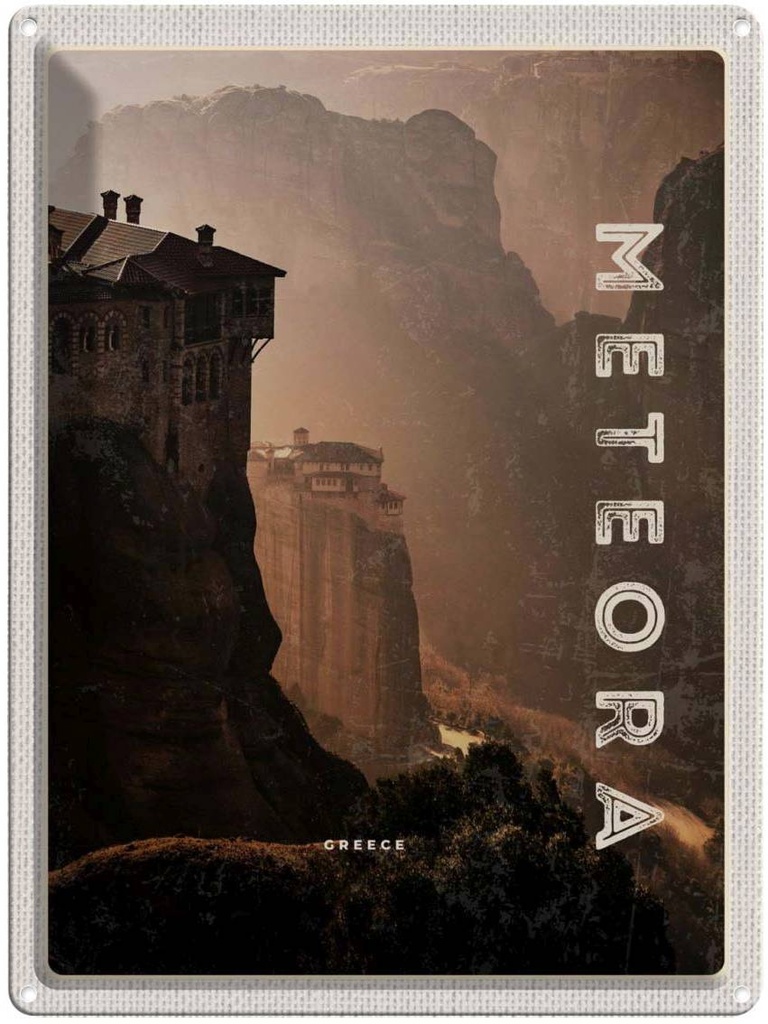 Blechschild 40x30 cm Griechenland Meteora Gebirge Natur Bildmotiv Reisemotiv Abenteuer Reisen Europa Urlaub