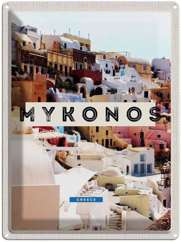 Blechschild 40x30 cm Griechenland Mykonos Greece Bildmotiv Reisemotiv Abenteuer Reisen Straße Stadt Urlaub
