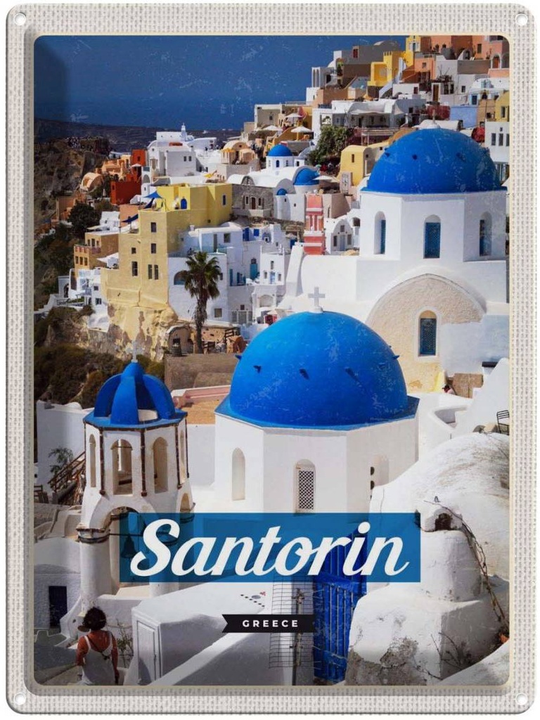 Blechschild 40x30 cm Santorini Greece Urlaub Stadt weiß blau Bildmotiv Reisemotiv Abenteuer Reisen Europa
