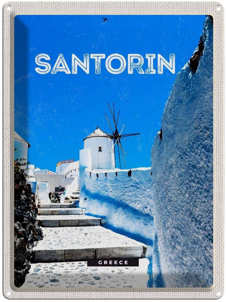 Blechschild 40x30 cm Santorini Griechenland weiße Treppen Bildmotiv Reisemotiv Abenteuer Reisen Europa Urlaub