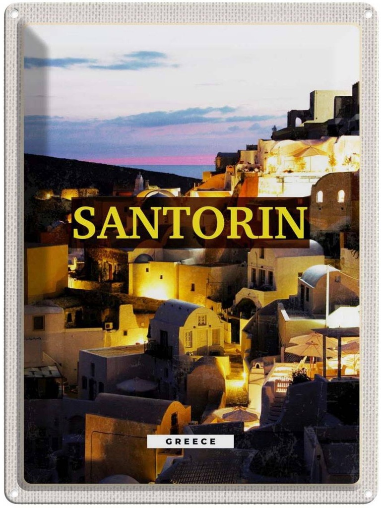Blechschild 40x30 cm Santorini Abend Europa Urlaub Aussicht auf die Stadt Bildmotiv Reisemotiv Abenteuer Reisen
