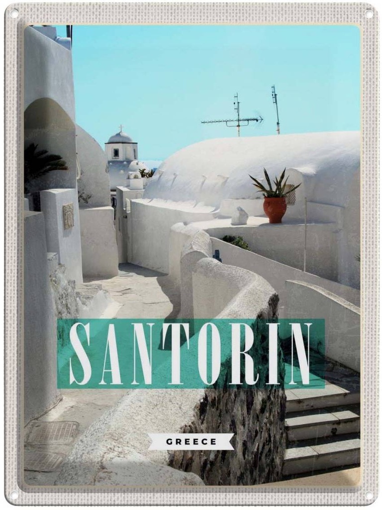 Blechschild 40x30 cm Santorini Stadt Urlaub weiße Gebäude Treppen Bildmotiv Reisemotiv Abenteuer Reisen Europa