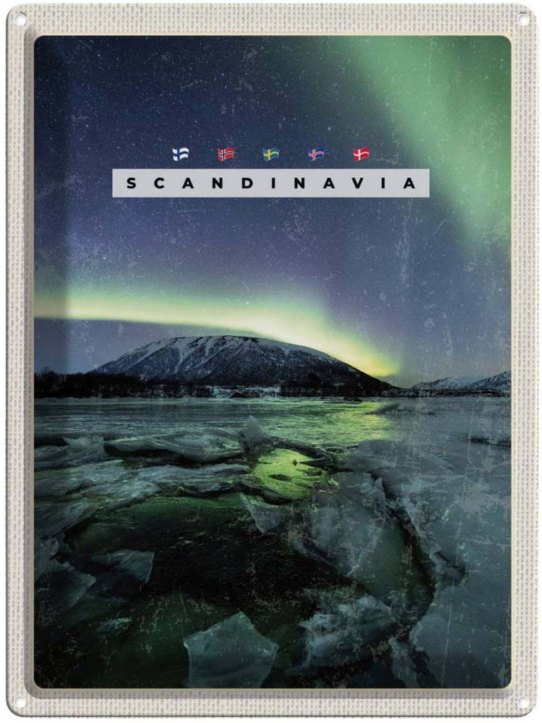 Blechschild 40x30 cm Skandinawien Natur Urlaub Eis Gebirge Schnee Bildmotiv Reisemotiv Abenteuer Reisen Europa