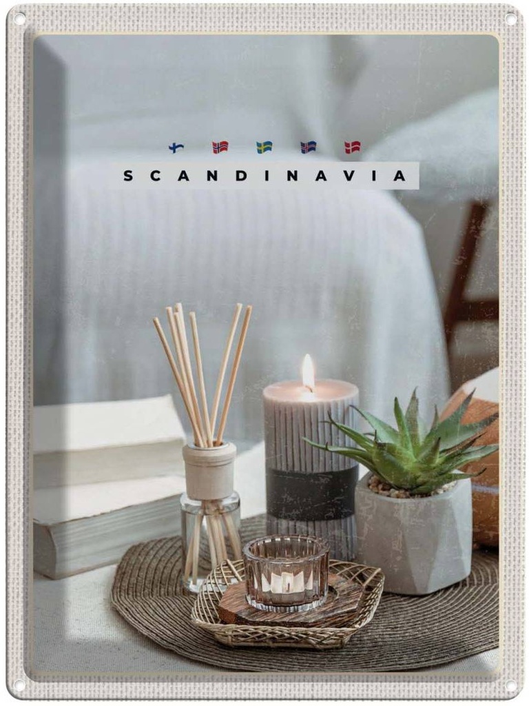 Blechschild 40x30 cm Skandinawien Kerze Vase Tischdecke Bildmotiv Reisemotiv Abenteuer Reisen Europa Urlaub