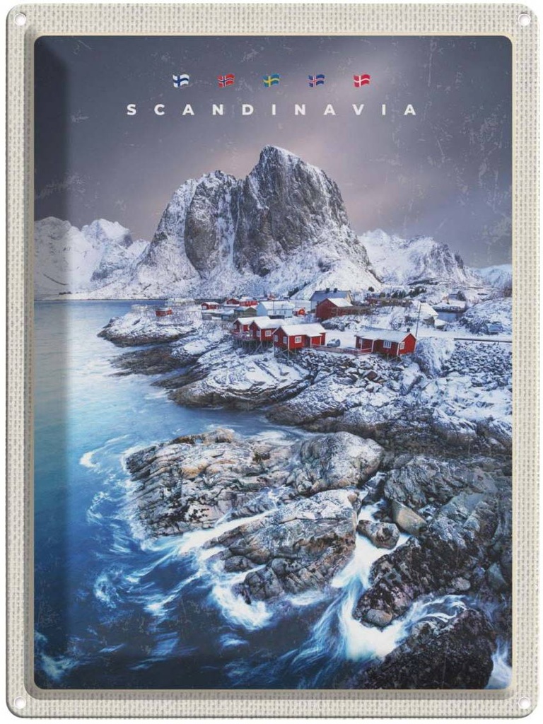 Blechschild 40x30 cm Skandinawien Schnee Meer Gebirge Bildmotiv Reisemotiv Abenteuer Reisen Europa Urlaub