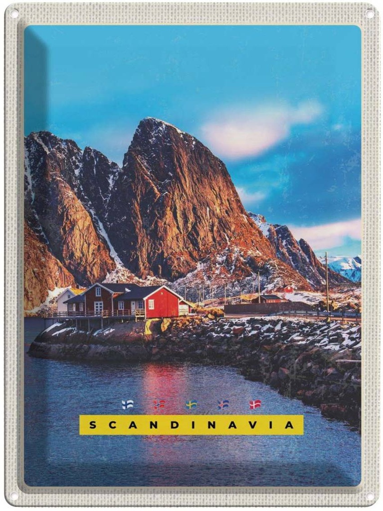 Blechschild 40x30 cm Skandinawien Gebirge Urlaub Meer rote Häuser Bildmotiv Reisemotiv Abenteuer Reisen Europa