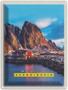 Blechschild 40x30 cm Skandinawien Gebirge Urlaub Meer rote Häuser Bildmotiv Reisemotiv Abenteuer Reisen Europa