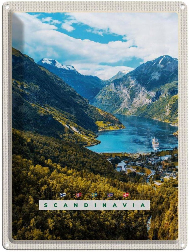 Blechschild 40x30 cm Skandinawien Natur Urlaub Meer Gebirge Schiff Bildmotiv Reisemotiv Abenteuer Reisen Europa