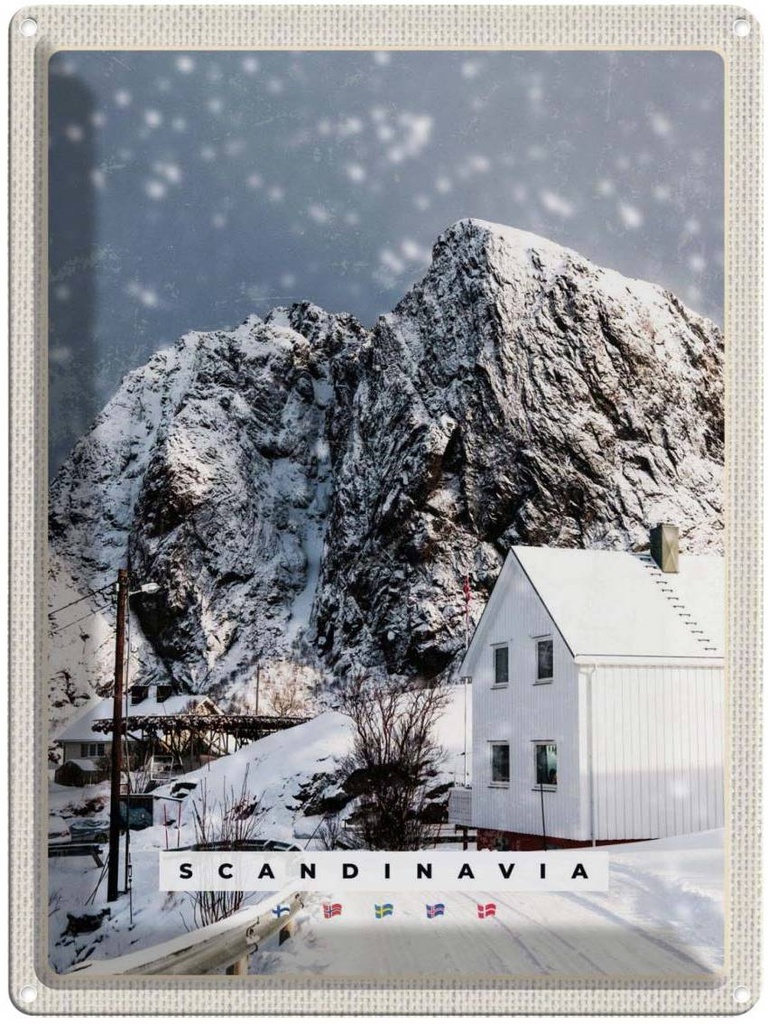 Blechschild 40x30 cm Skandinawien Schnee Urlaub Winter Berg Haus Bildmotiv Reisemotiv Abenteuer Reisen Europa