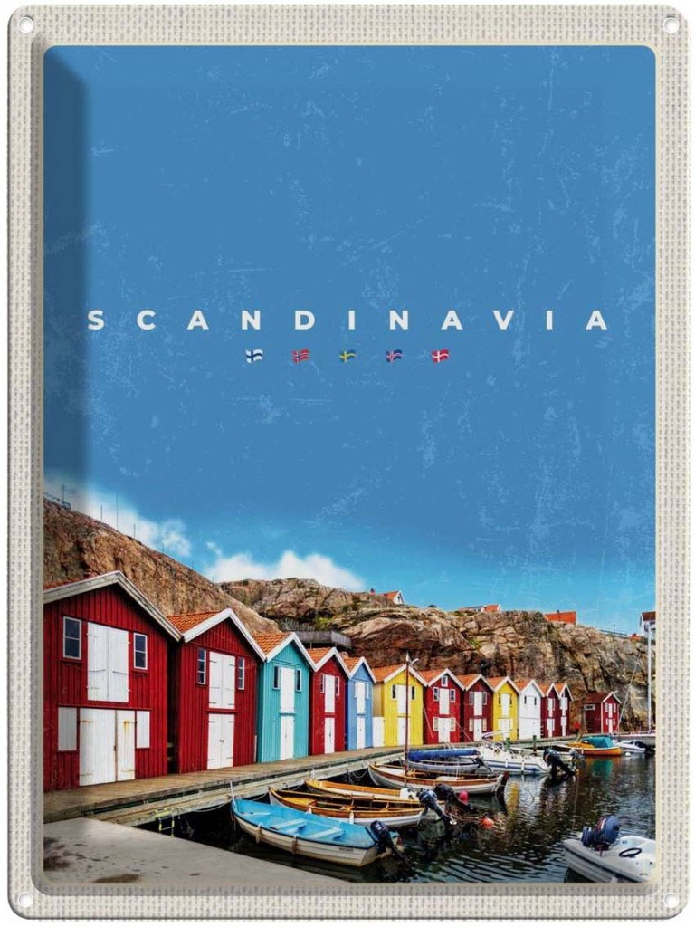 Blechschild 40x30 cm Skandinawien Boote Bootshaus Meer Bildmotiv Reisemotiv Abenteuer Reisen Europa Urlaub