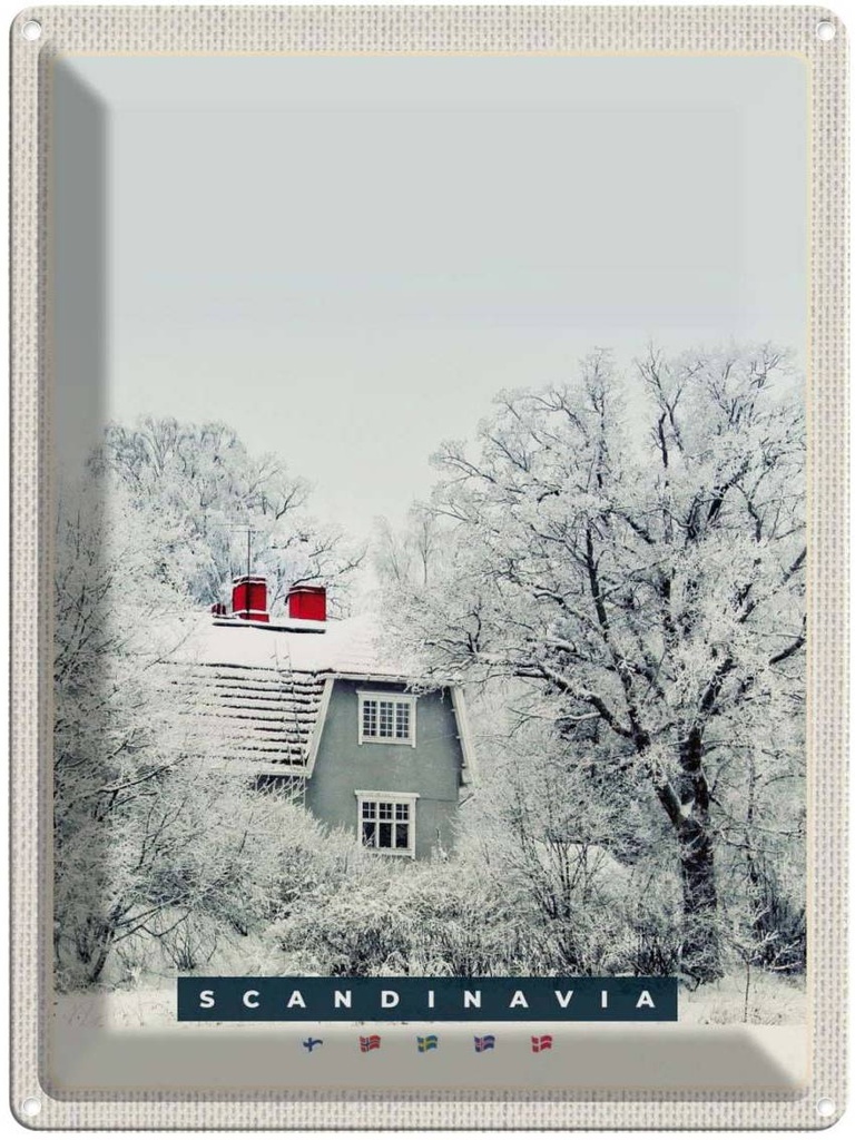 Blechschild 40x30 cm Skandinawien Schnee Urlaub Weiß Natur Haus Bildmotiv Reisemotiv Abenteuer Reisen Europa
