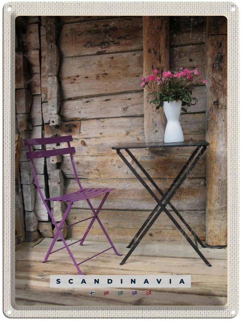 Blechschild 40x30 cm Skandinawien Terasse Urlaub Stuhl Tisch Blume Bildmotiv Reisemotiv Abenteuer Reisen Europa