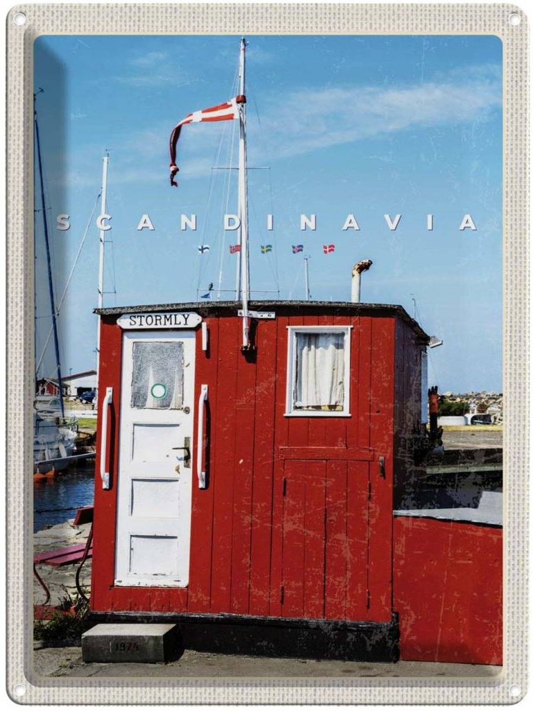 Blechschild 40x30 cm Skandinawien Meer Urlaub Stromly rotes Haus Bildmotiv Reisemotiv Abenteuer Reisen Europa