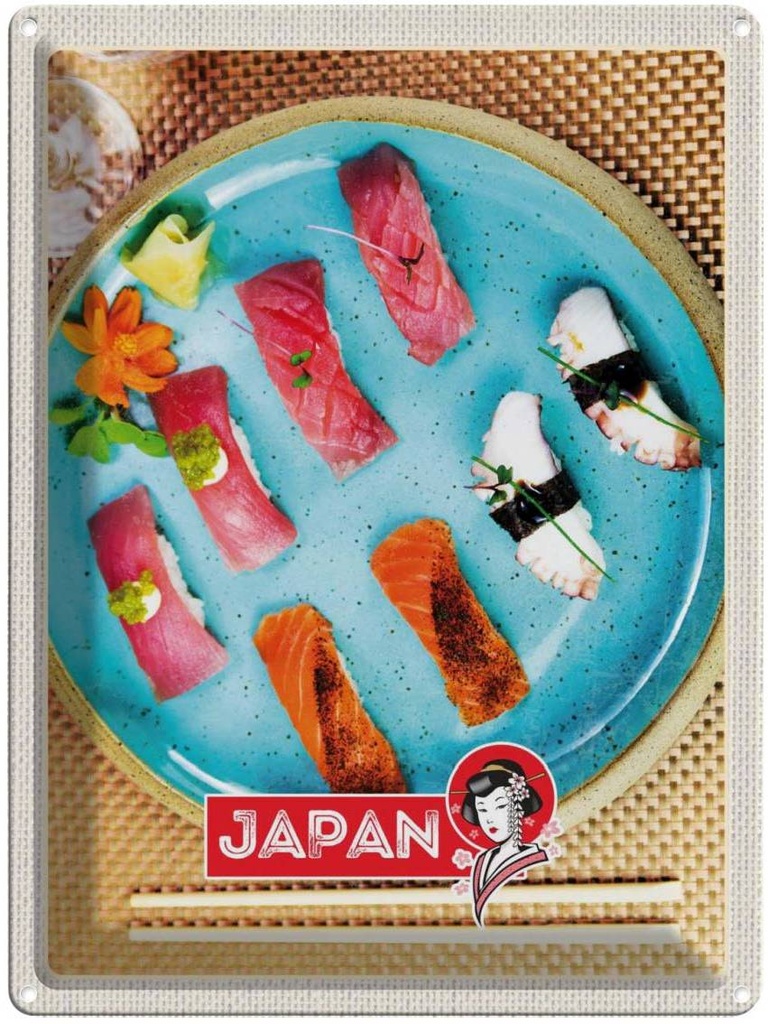 Blechschild 40x30 cm Japan Asien Fisch Sushi Gerichte Alge Essen Trinken