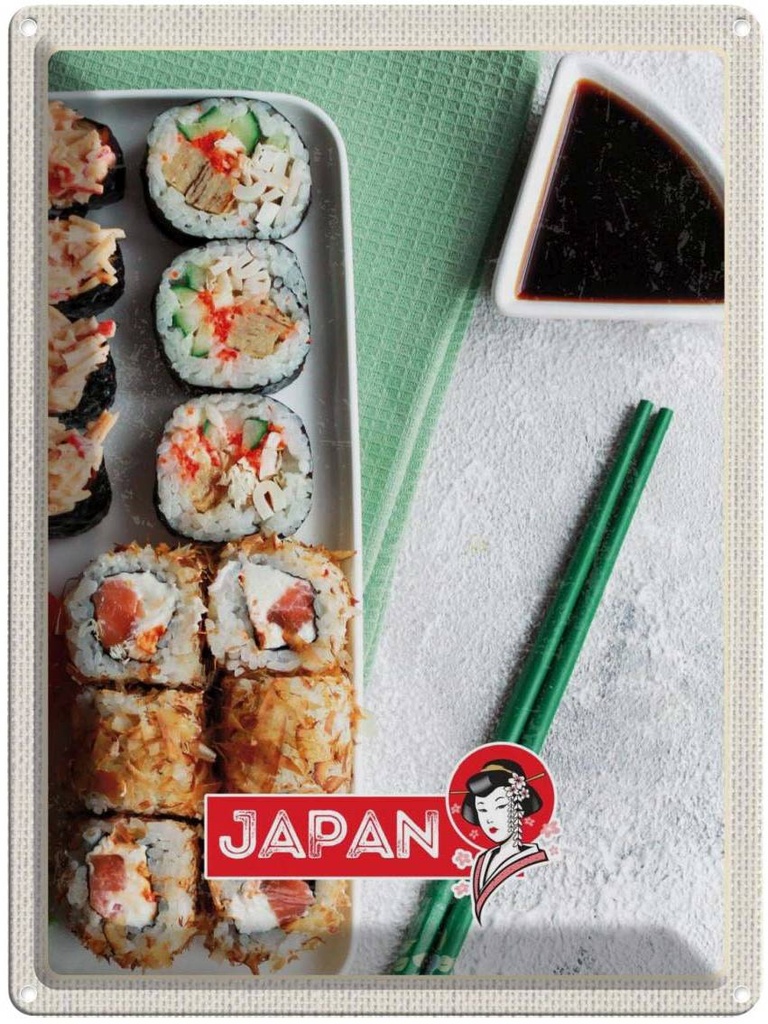 Blechschild 40x30 cm Japan Asien Abenteuer Reisen Urlaub Sushi Fisch Thunfisch Soße Bildmotiv Reisemotiv Essen Trinken