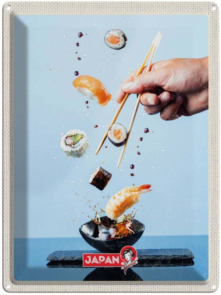 Blechschild 40x30 cm Japan Asien Abenteuer Reisen Urlaub Sushi Fisch Stäbchen essen Bildmotiv Reisemotiv Trinken