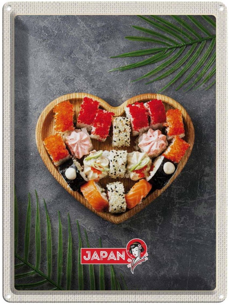 Blechschild 40x30 cm Japan Asien Abenteuer Reisen Urlaub Sushi soße Gurke Stäbchen Bildmotiv Reisemotiv Essen Trinken