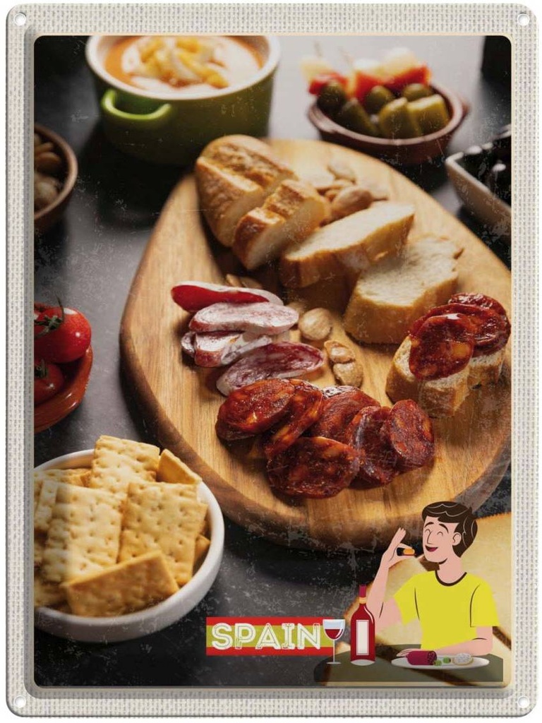 Blechschild 40x30 cm Spanien Wurst Urlaub Oliven Tomaten Gericht Bildmotiv Reisemotiv Abenteuer Reisen Europa