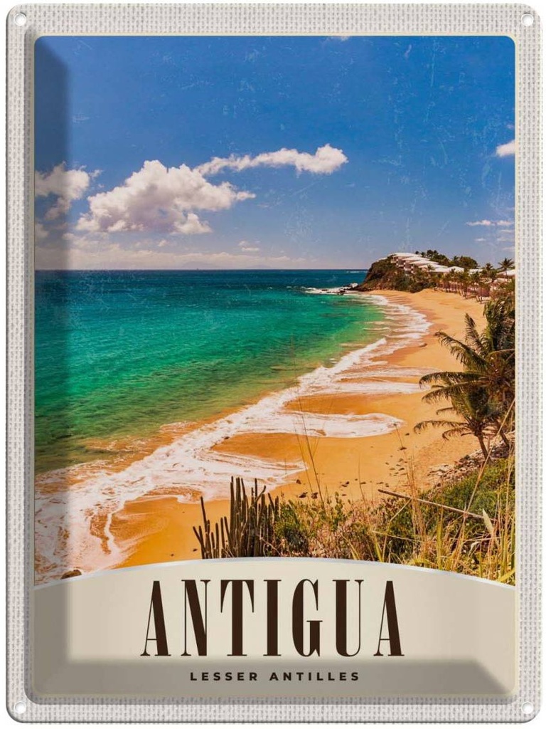 Blechschild 40x30 cm Antigua Karibik Urlaub Strand Meer Bildmotiv Reisemotiv Abenteuer Reisen Straße Stadt