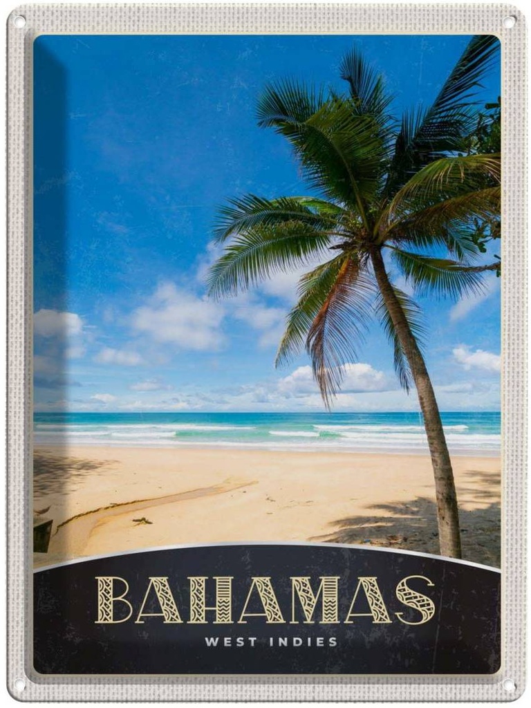 Blechschild 40x30 cm Bahamas West Indien Strand Palme Bildmotiv Reisemotiv Abenteuer Reisen Urlaub
