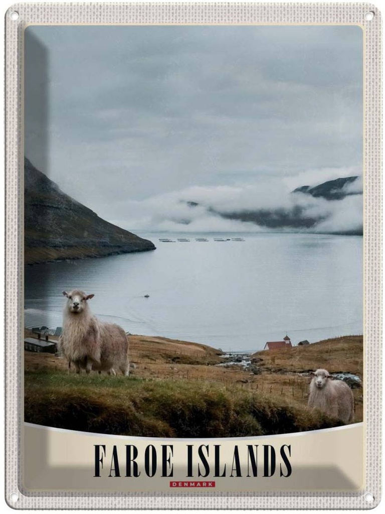 Blechschild 40x30 cm Dänemark Faroe Urlaub Island Schaf Bildmotiv Reisemotiv Abenteuer Reisen Straße Stadt