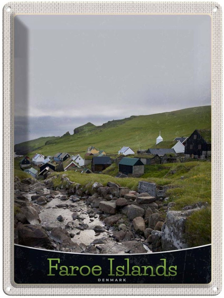 Blechschild 40x30 cm Dänemark Faroe Urlaub Islands Häuser Wiese Bildmotiv Reisemotiv Abenteuer Reisen Europa