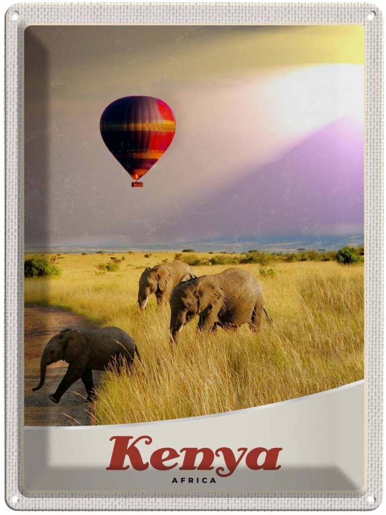 Blechschild 40x30 cm Kenia Afrika Elefanten Heißluftballon Bildmotiv Reisemotiv Abenteuer Reisen Urlaub