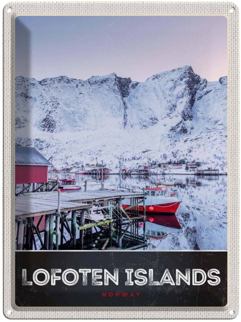 Blechschild 40x30 cm Lofoten Island Urlaub Norwegen Winter Schnee Bildmotiv Reisemotiv Abenteuer Reisen Europa