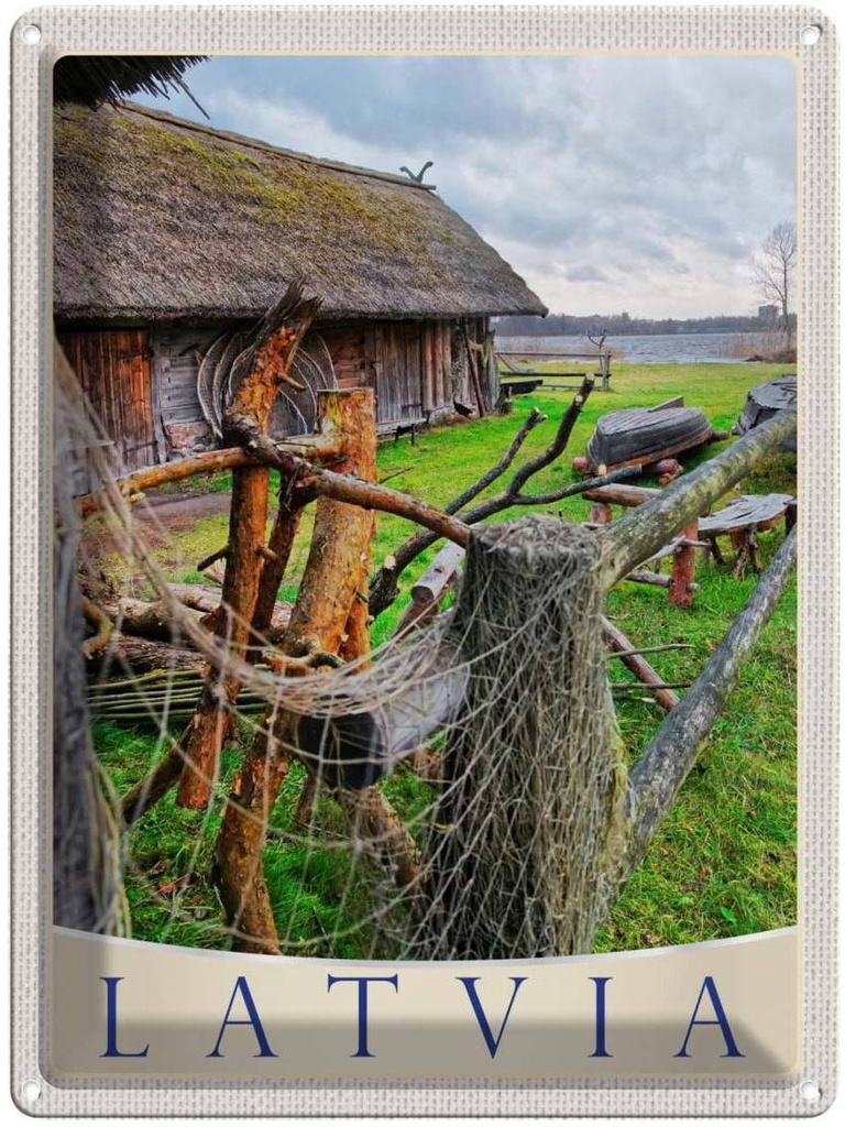 Blechschild 40x30 cm Lettland Natur HäuschenEuropa Bildmotiv Reisemotiv Abenteuer Reisen Dekoration Urlaub